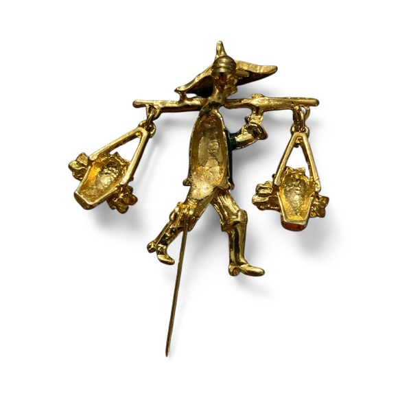 Vintage Asian Basket Carrier Brooch Gold Tone Jewel Tone Enamel Rhinestones - Picture 6 of 7